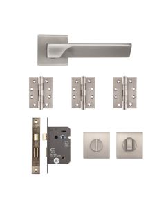 Deanta Athens Bathroom Kit Satin Nickel includes 2 of Athens Satin Nickel Handles. 3 of Stainless Steel BSEN1935 Hinges. 1 of 3 Lever Bathroom Lock Satin Nickel 2.5" (63.5mm) Square - 150*21mm Plate
and 1 of Thumbturn Set Satin Nickel 50*50mm - Square