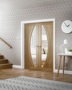 XL Joinery Salerno Internal Oak Rebated Door Pair with Clear Glass in situ