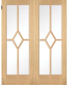 Internal REBATED Door PAIR Oak Reims 5 Panel Clear Bevelled Glass Prefinished